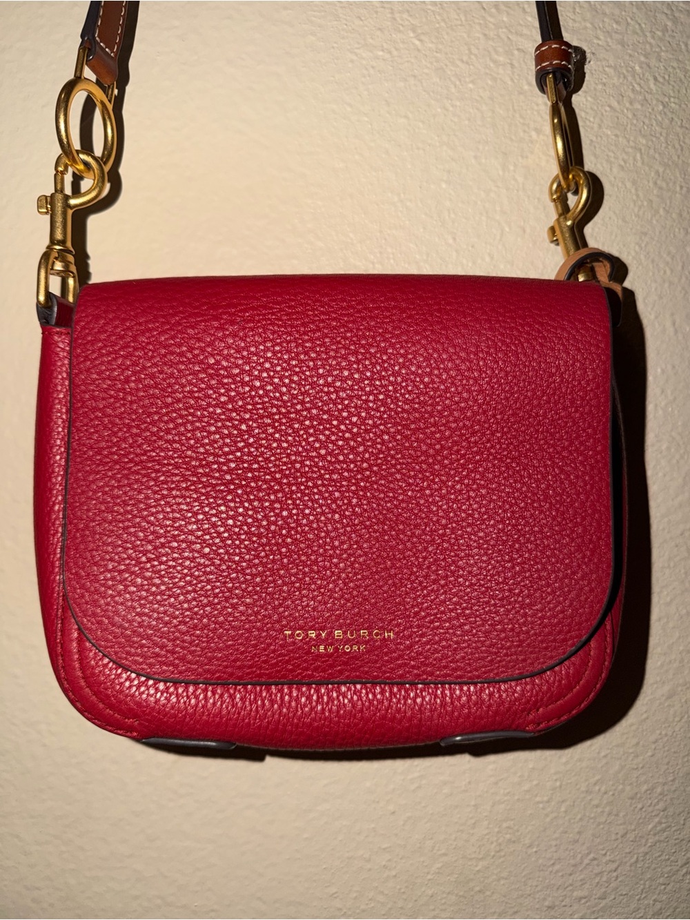Tory Burch Red Pebbled Leather Crossbody with Gold Hardware